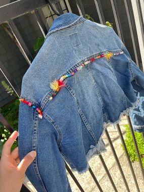 wild fable Light Blue Cropped Denim Jacket with Beaded Trim